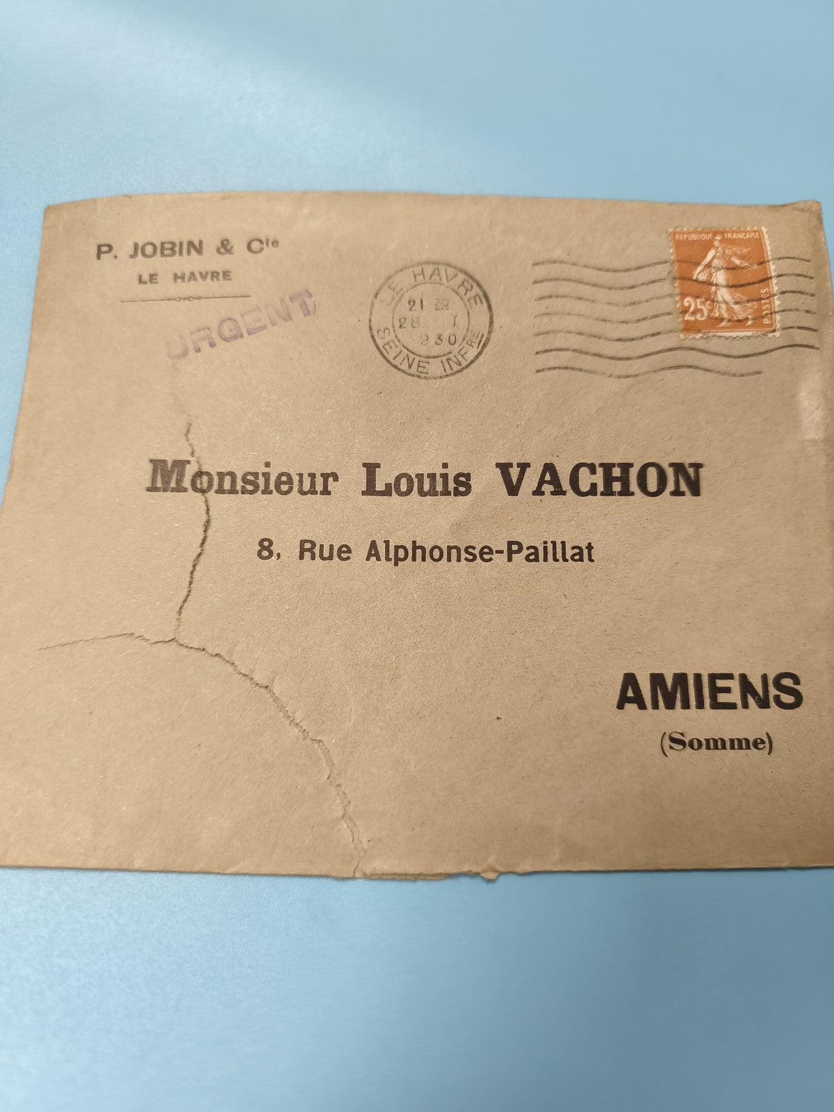 Ancienne enveloppe oblitérée 1930 philatélie Le Havre Amiens timbre Semeuse