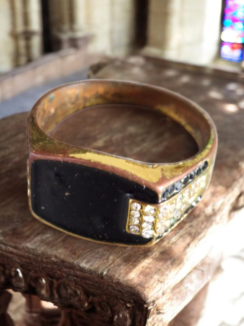 Bague vintage homme style chevalière noire strass, taille 68, fantaisie rétro