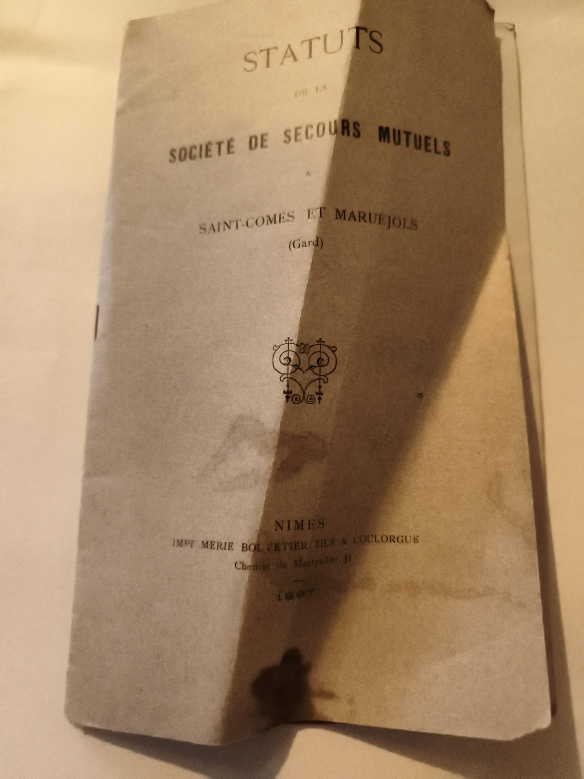 Statuts Société Secours Mutuels 1897 Saint-Cômes Maruéjols Gard ancien document