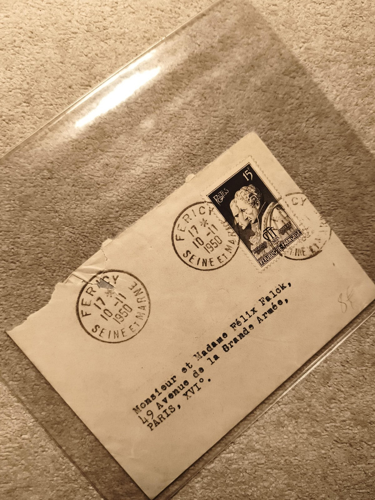 Lettre oblitérée 1950 France timbre 15F Pasteur Paris philatélie (Ref 11)
