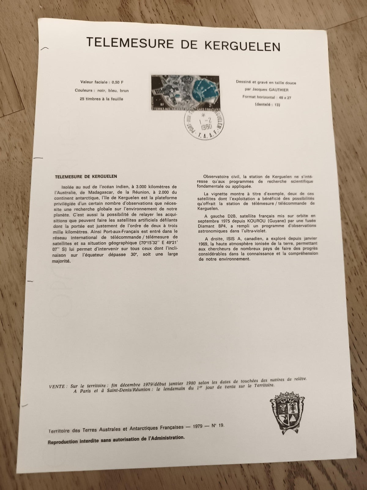 Feuillet philatélique Telemesure Kerguelen 1979 TAAF timbre 0,50F noir bleu brun