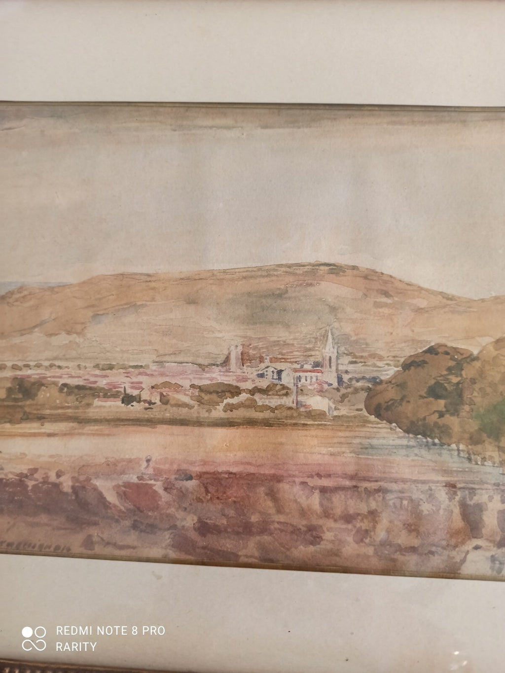 Tableau ancien paysage Villecroze Draguignan aquarelle signée cadre doré