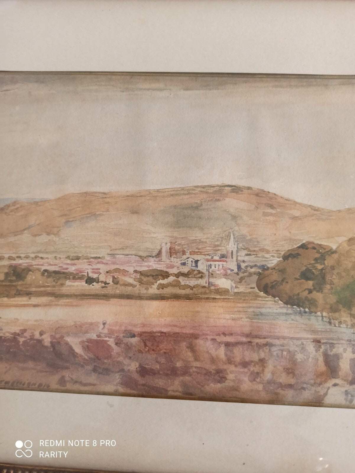 Tableau ancien paysage Villecroze Draguignan aquarelle signée cadre doré