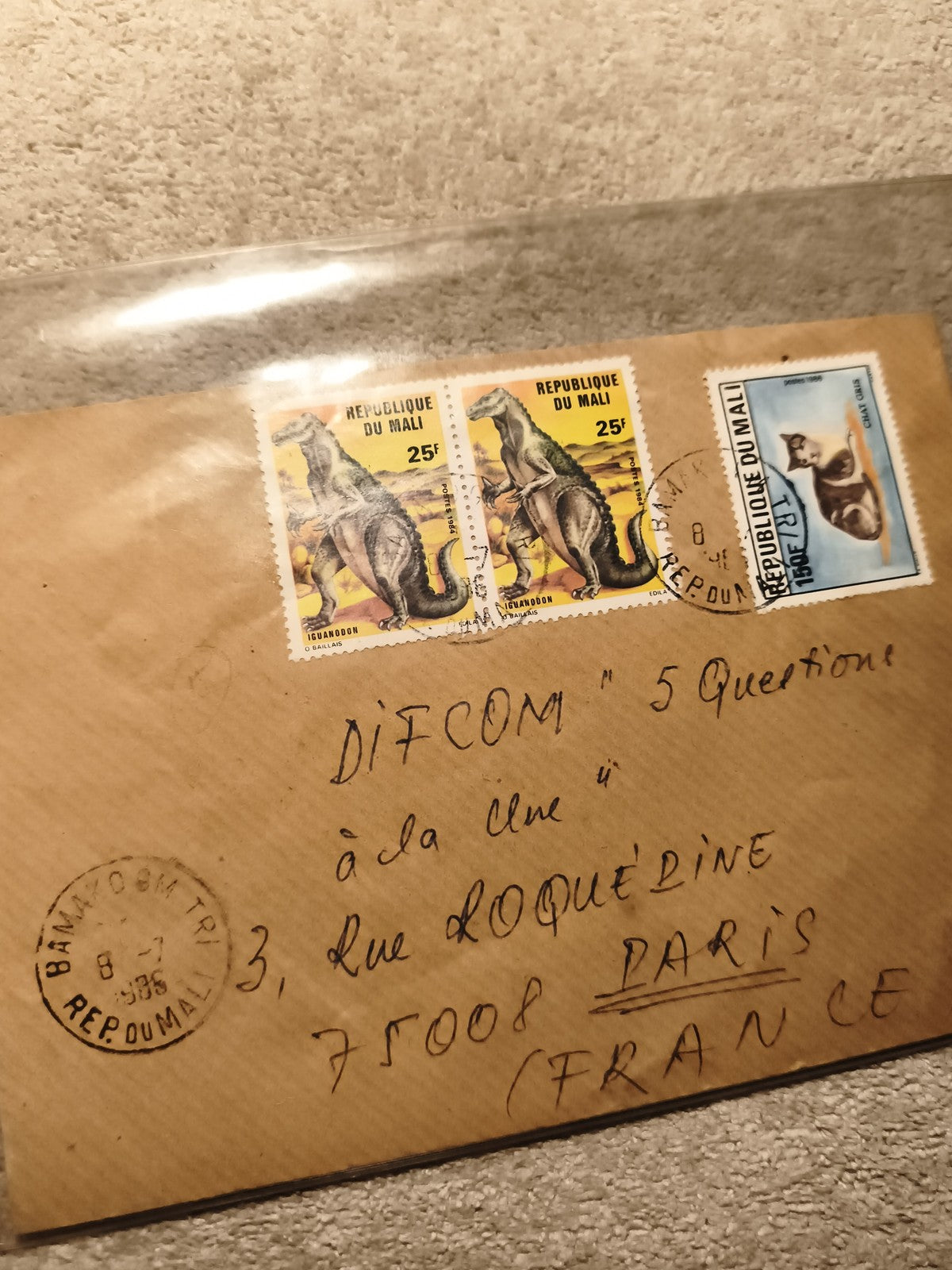 Lettre affranchie Mali dinosaures et lémurien, 3 timbres animaux, philatélie (Re