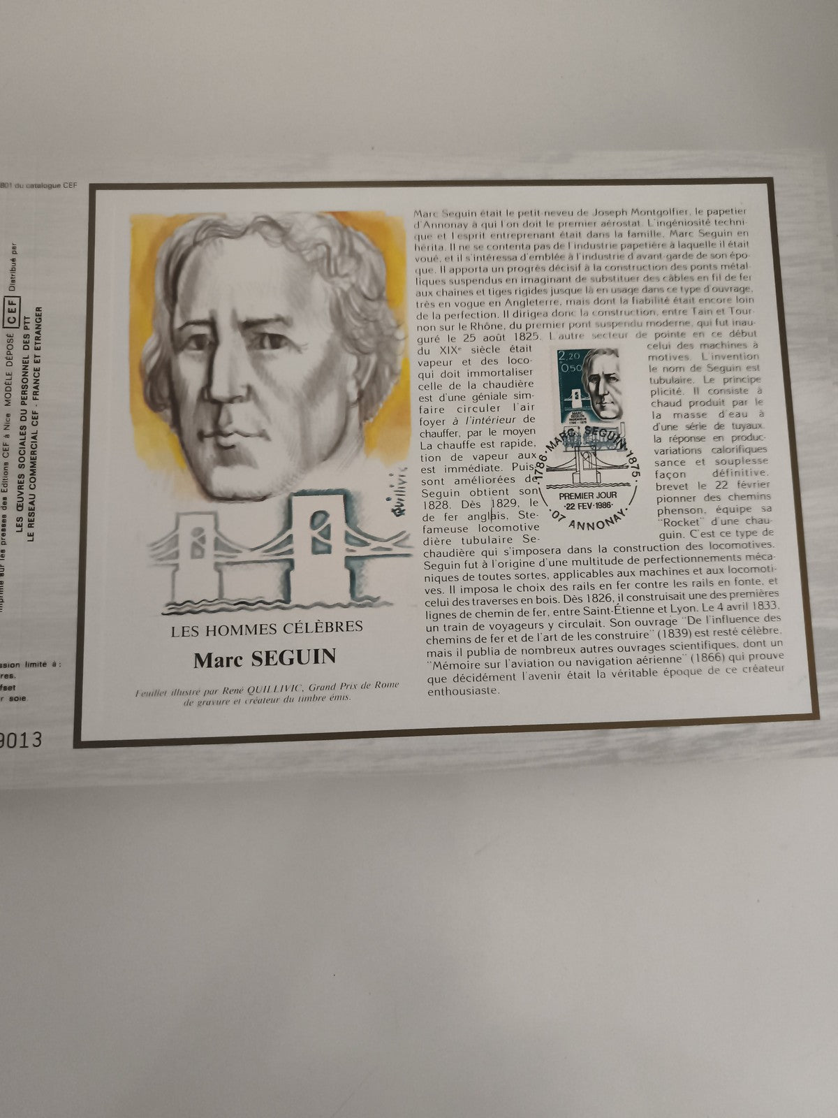Feuillet CEF Les Hommes Célèbres Marc Seguin philatélie timbre Premier Jour