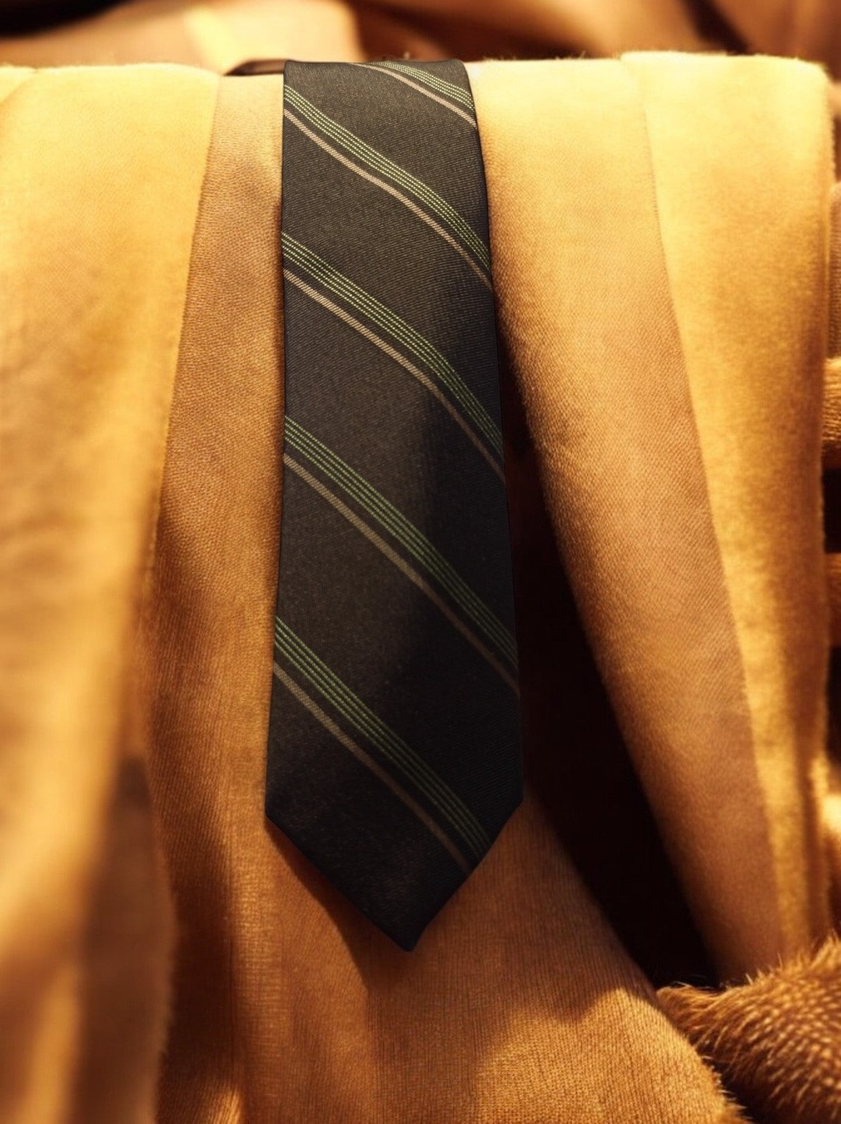 Cravate vintage Le Grisli France soie rayée noire verte rétro
