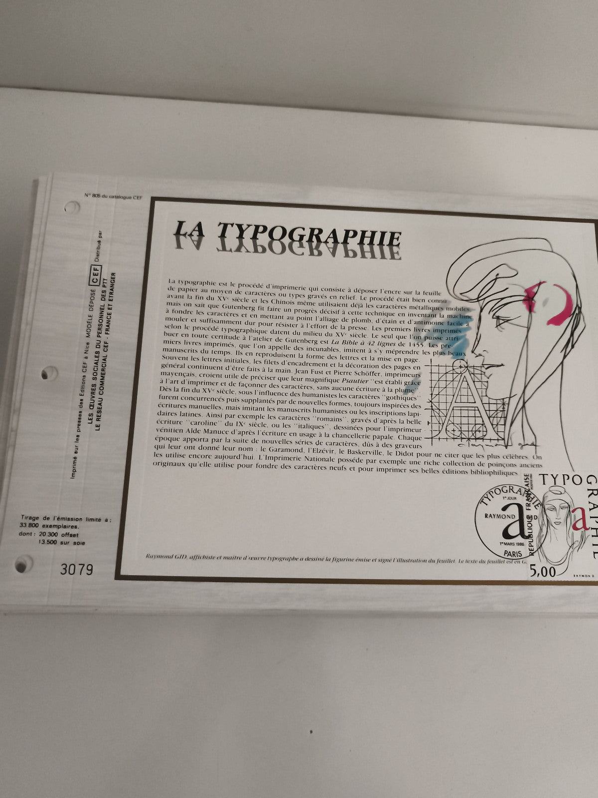 Feuillet philatélique CEF La Typographie affranchi 5F Paris Raymond Gid