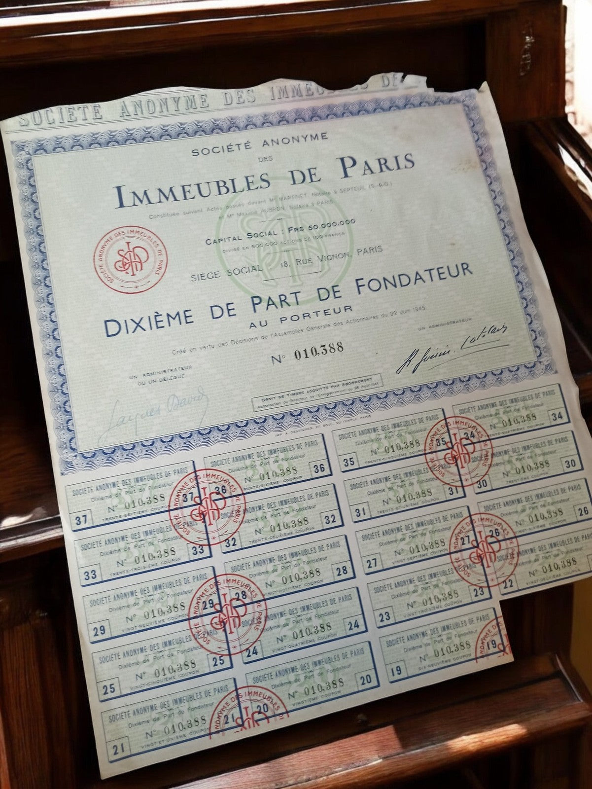 Action au porteur Immeubles de Paris année 1920 ancien titre original décoré