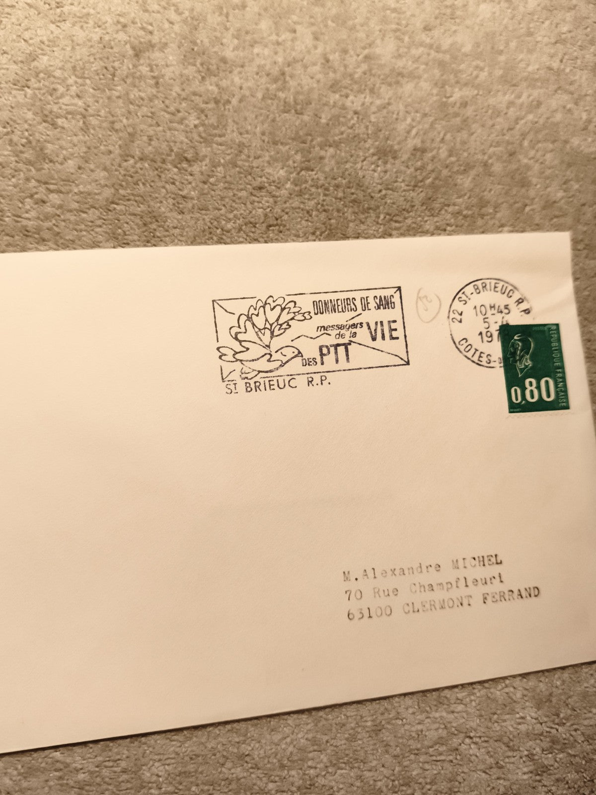 Lettre oblitérée St Brieuc 1974 timbre 0,80 F cachet donneurs de sang philatélie