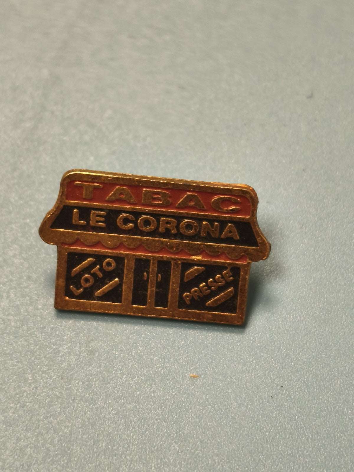 Vintage "Le Corona" tobacco pin, storefront, retro bistro collection