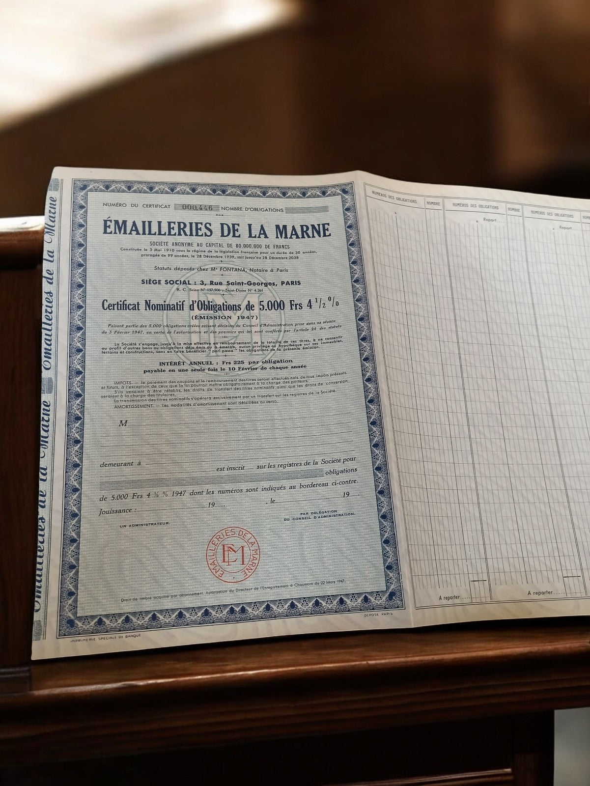 Certificat obligation Émailleries de la Marne 1947 papier financier vintage anci