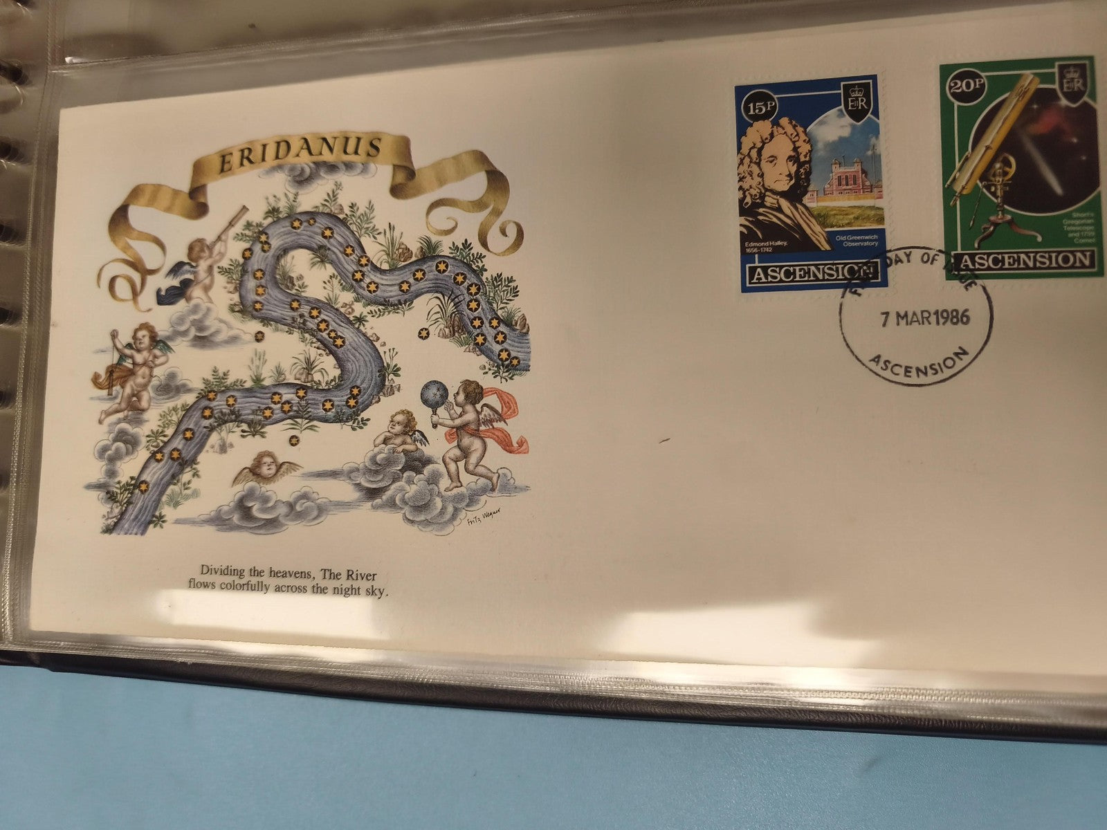 Enveloppe premier jour FDC Ascension Eridanus 1986 timbres illustrée astres