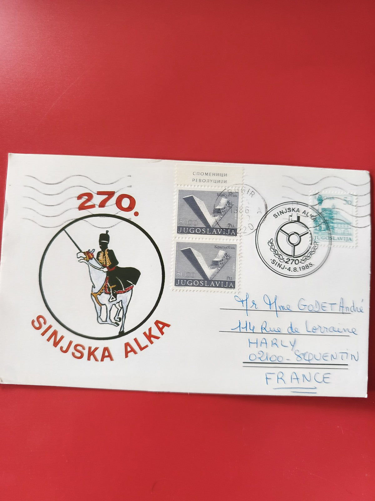 Carte postale philatélie Sinjska Alka timbres Yougoslavie cheval illustration