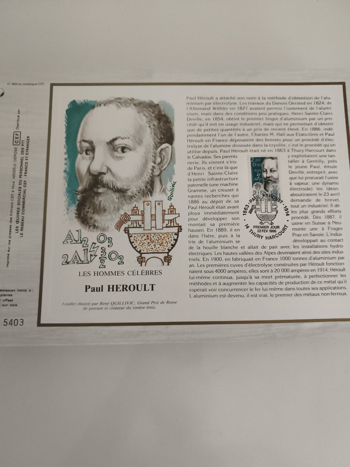 Feuillet philatélique CEF Paul Héroult Les Hommes Célèbres illustré