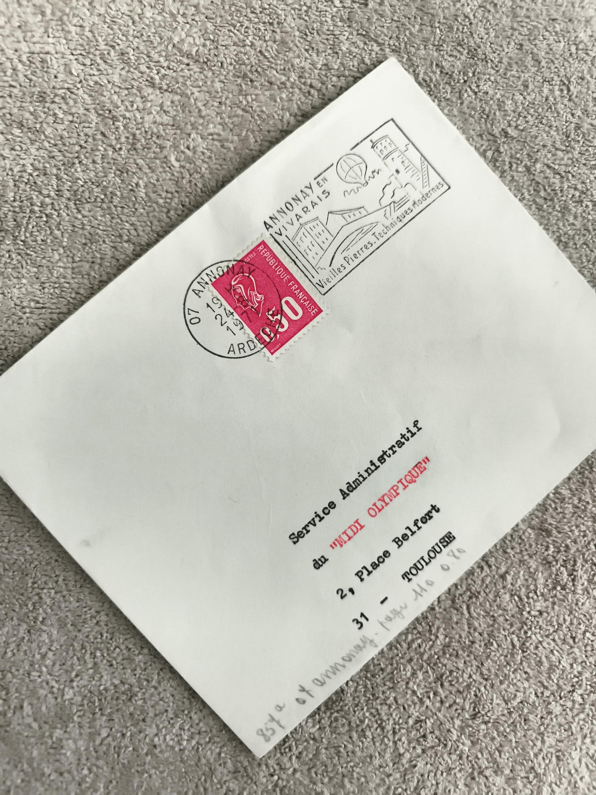 Lettre oblitérée Annonay 1975 timbre Marianne 0,50 F philatélie France