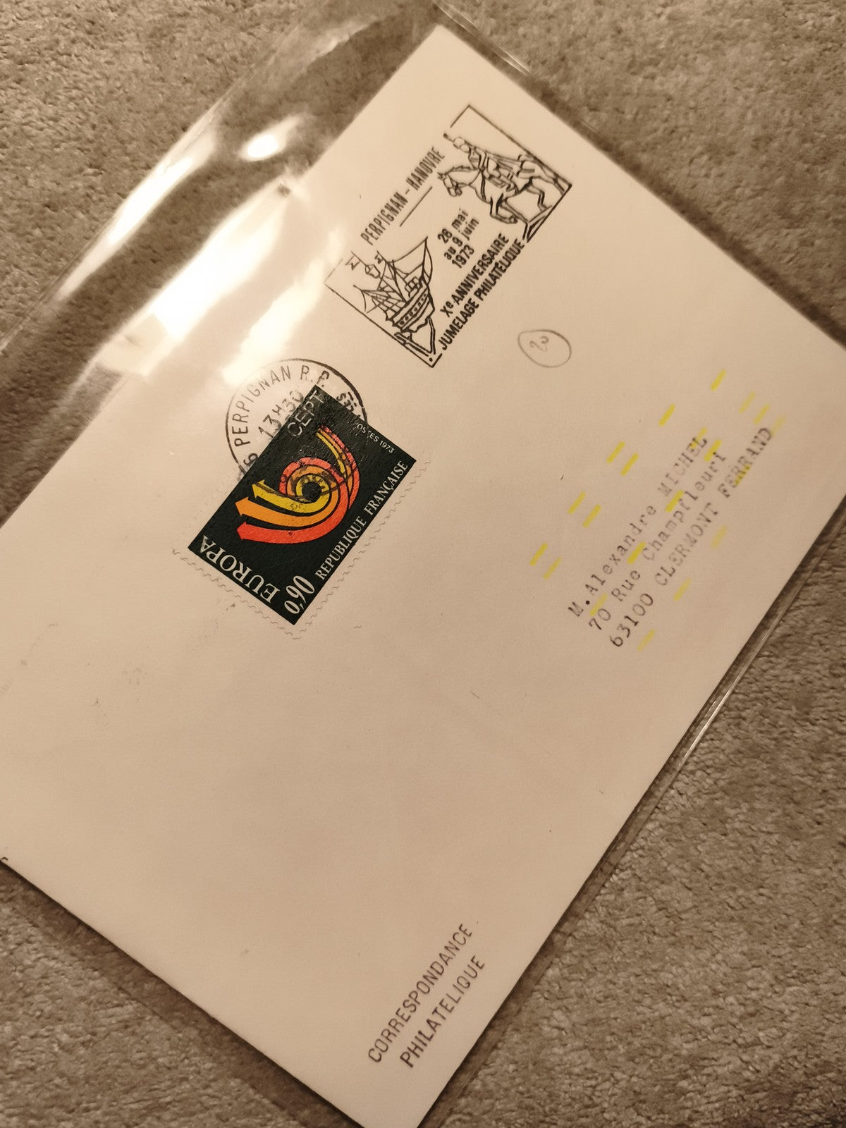 Lettre philatélique Perpignan 1979 timbre Europa 0,90 F oblitération jumelage