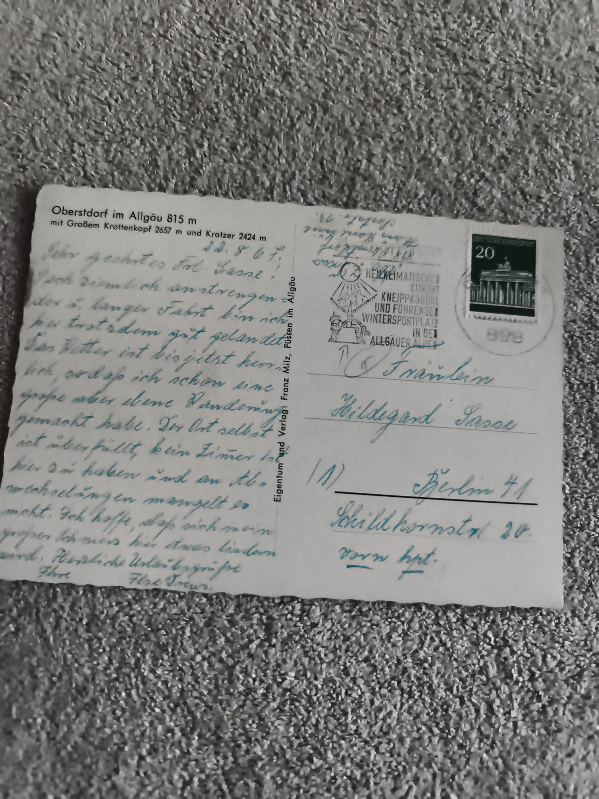 Carte postale Oberstdorf Allgäu Allemagne timbre 20 Pf Berlin philatélie (Ref 27