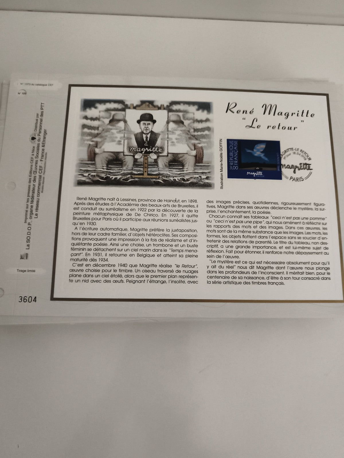 Feuillet CEF René Magritte Le Retour timbre illustré oblitération 3604 philatéli