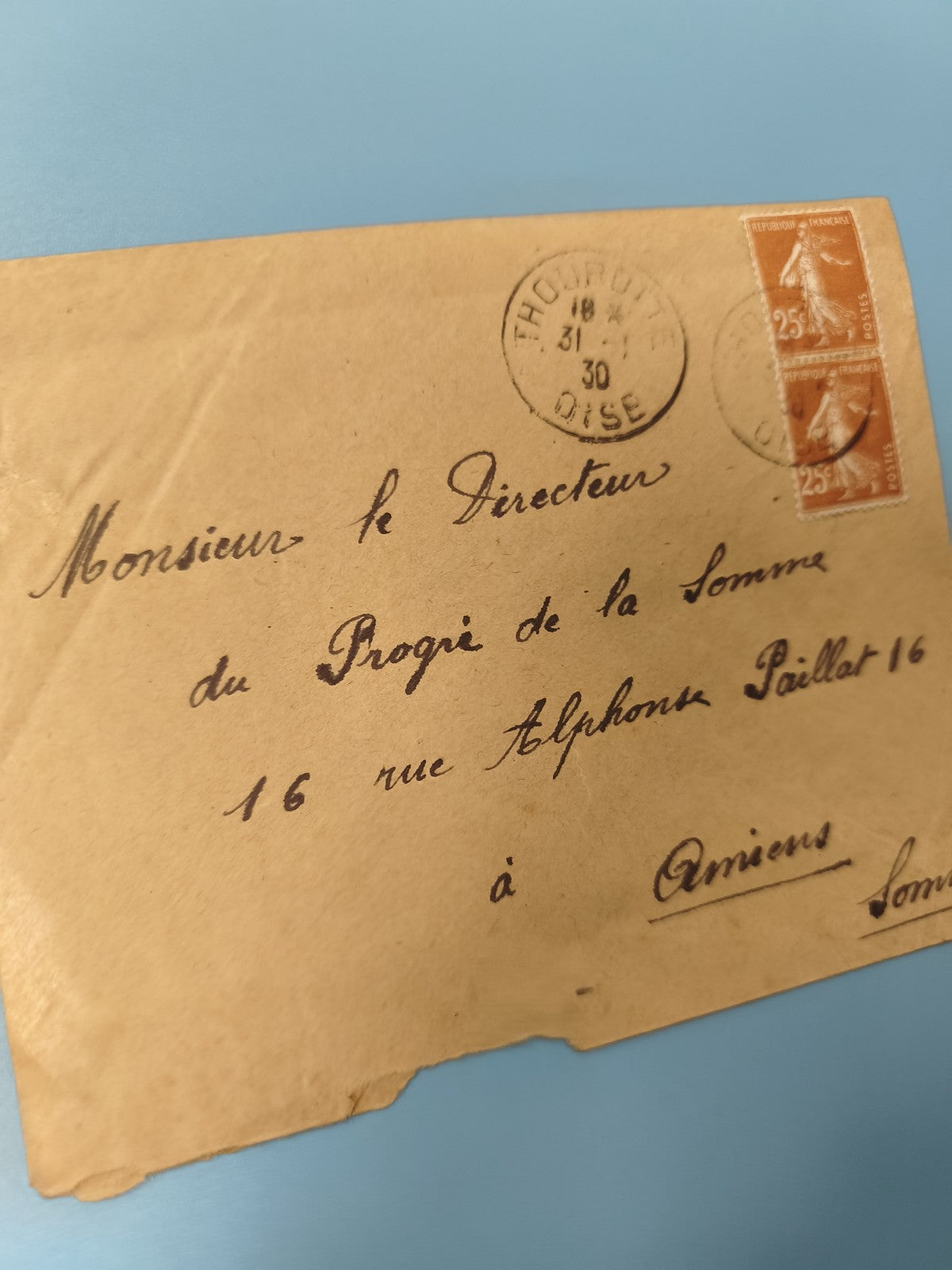 Ancienne enveloppe oblitérée début XXe, timbres Semeuse 25c, philatélie