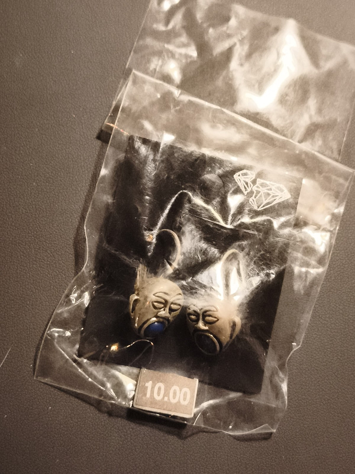 Boucles d'oreilles vintage masque visage stylisé, deadstock, tons argentés
