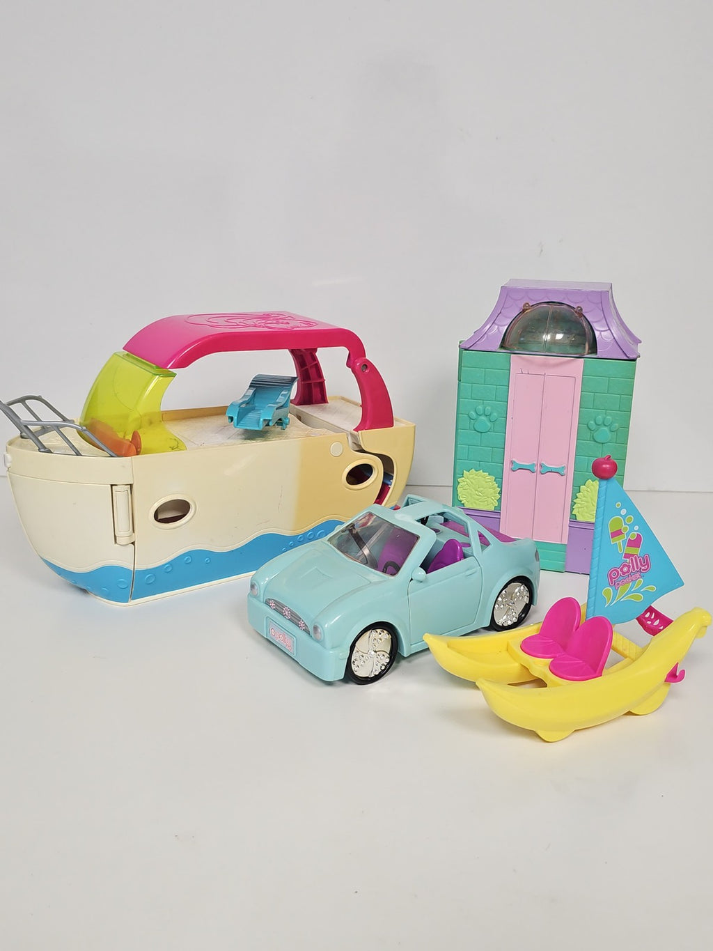 Lot Polly Pocket vintage Ultimate Party Boat, Cruiser Car, Animalerie, Banana Bo