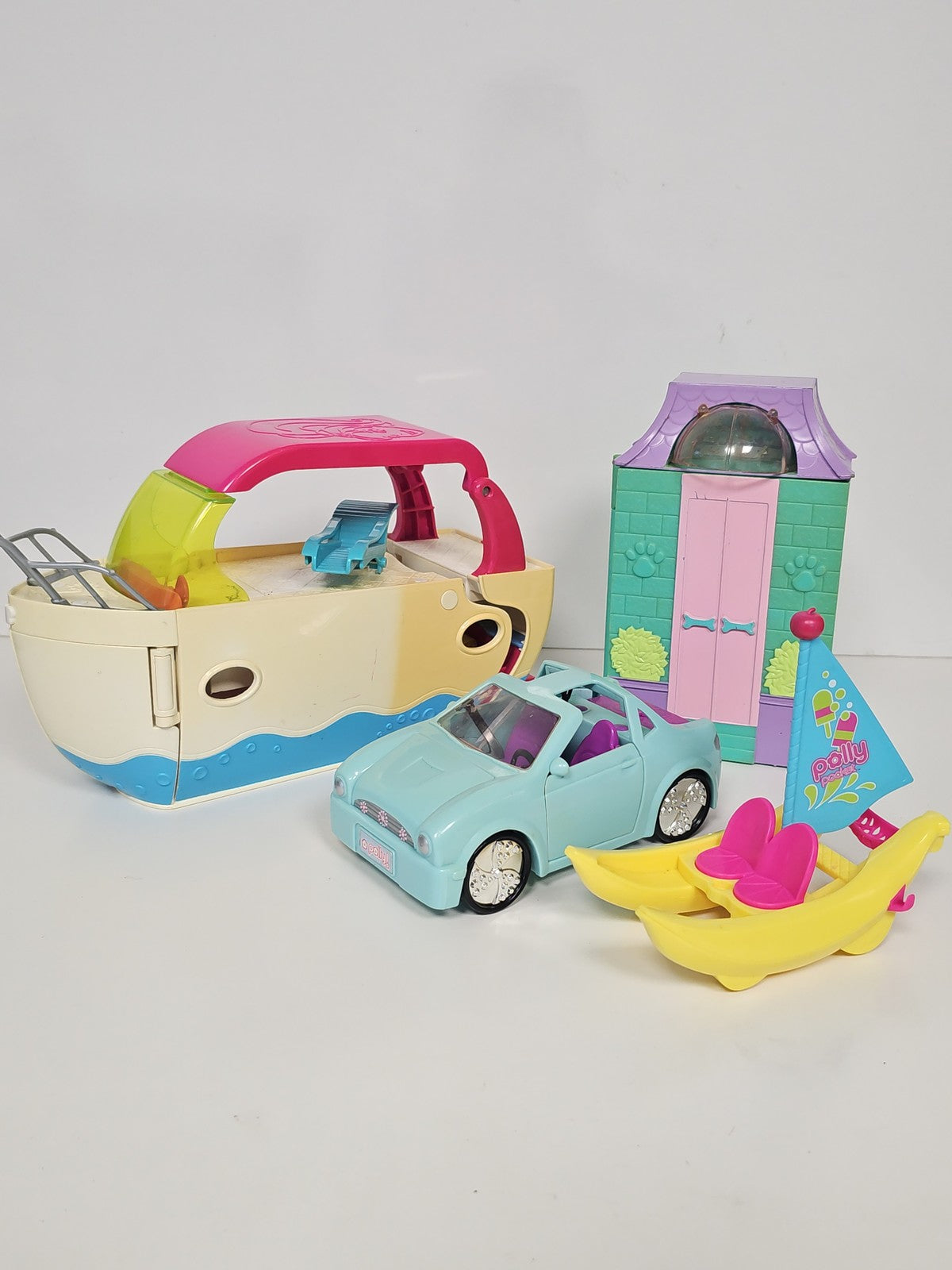 Lot Polly Pocket vintage Ultimate Party Boat, Cruiser Car, Animalerie, Banana Bo