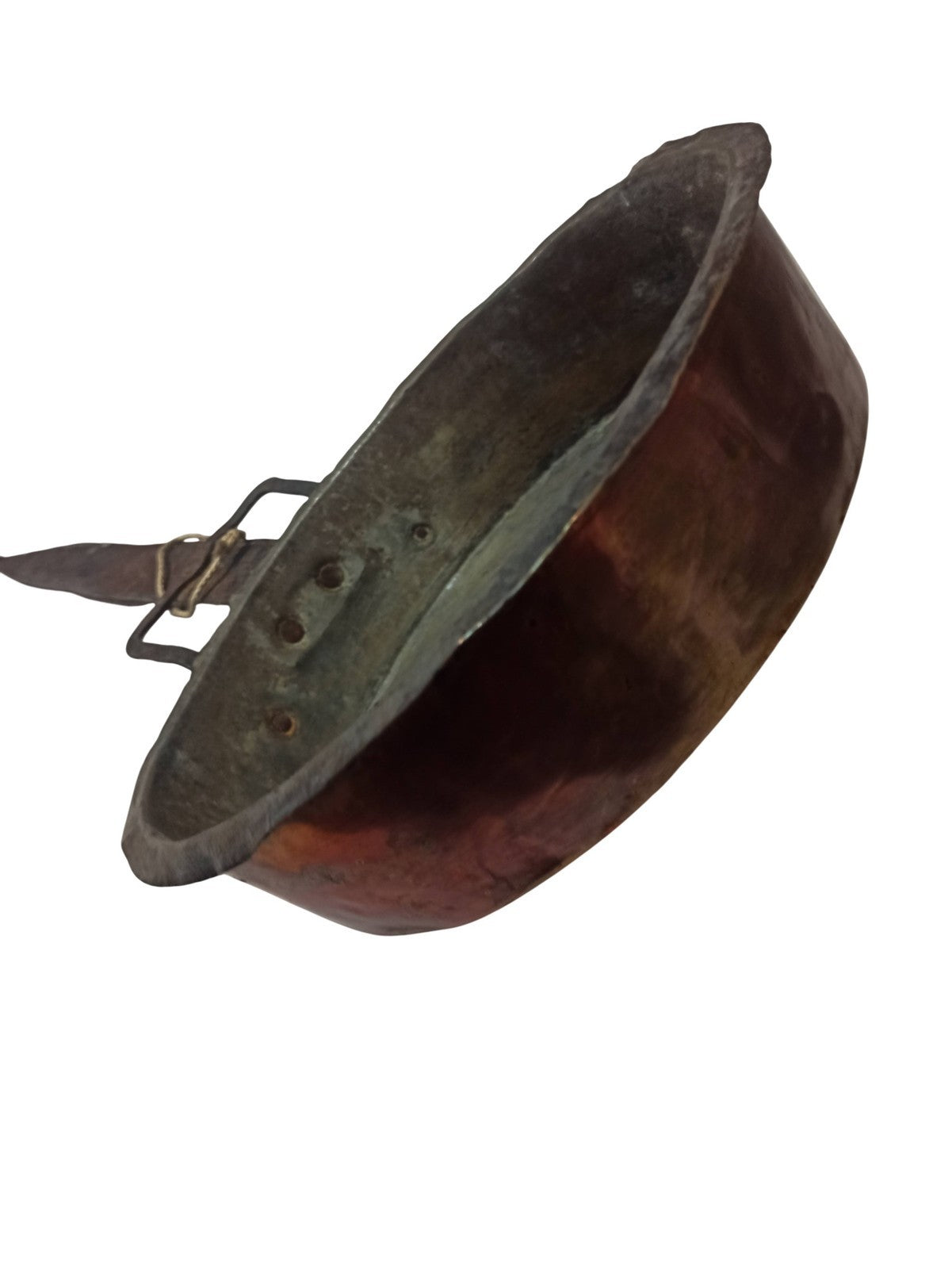 Grande casserole ancienne en cuivre vintage, longue poignée, ustensile déco cuis