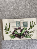 Carte postale illustrée fleurs violettes timbres 5c CPA début XXe