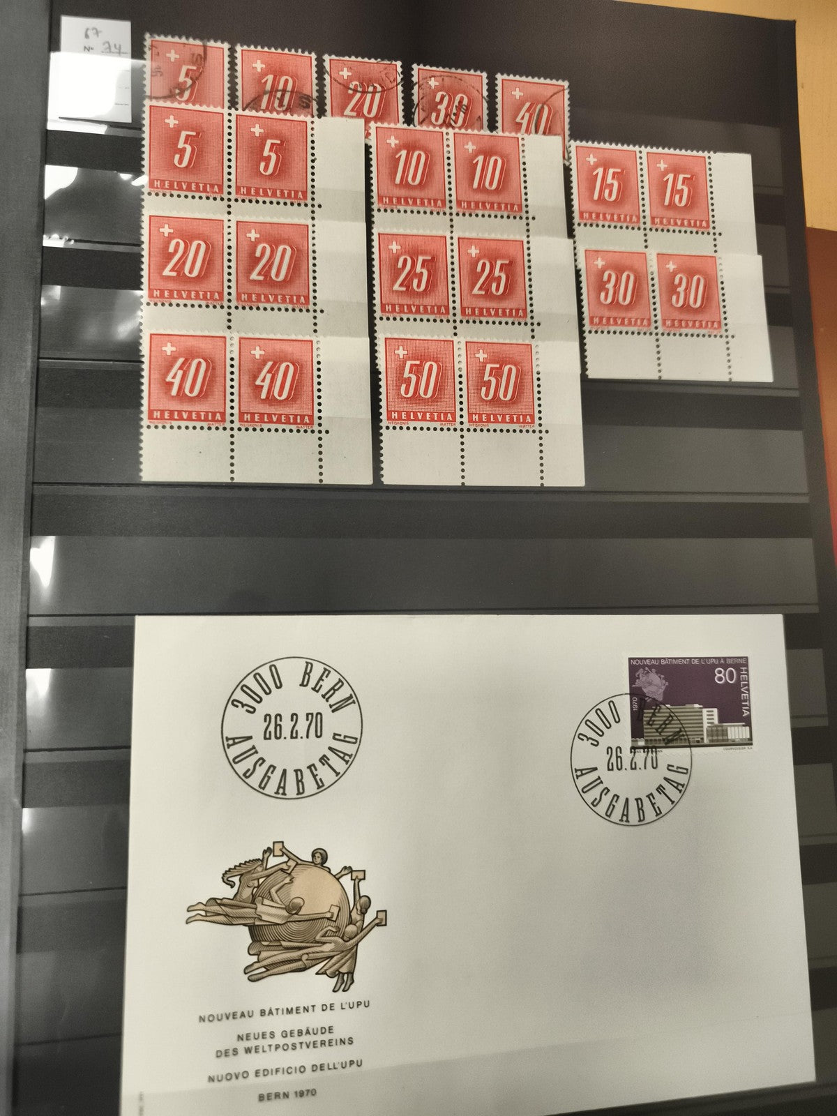 Timbres Helvetia Suisse rouges + enveloppe 1970 BERN UPU, lot philatélie