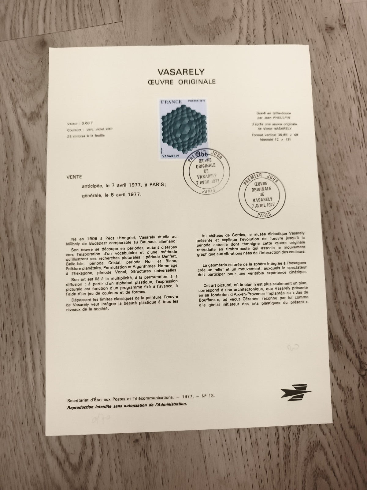 Feuillet Premier Jour Vasarely 1977 timbre France art optique philatélie