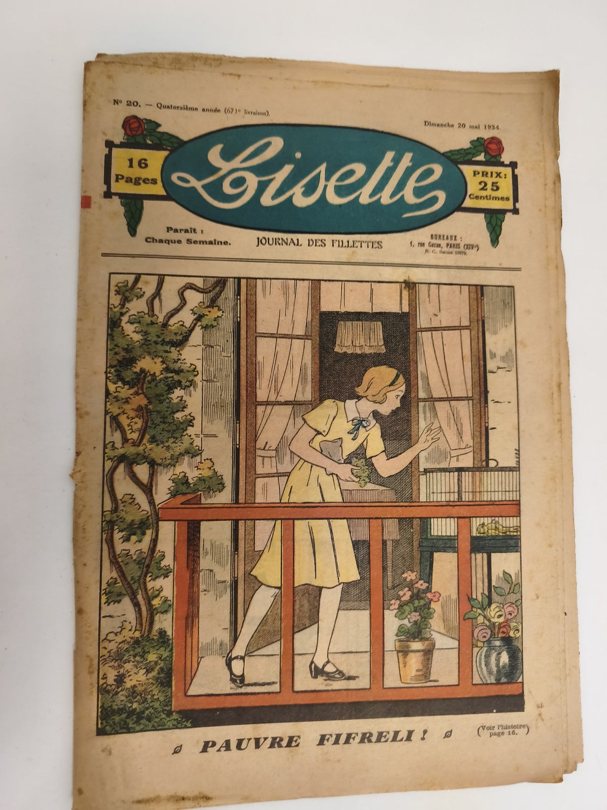 Journal Lisette ancien 1934 couverture illustrée Pauvre Fifreli vintage presse