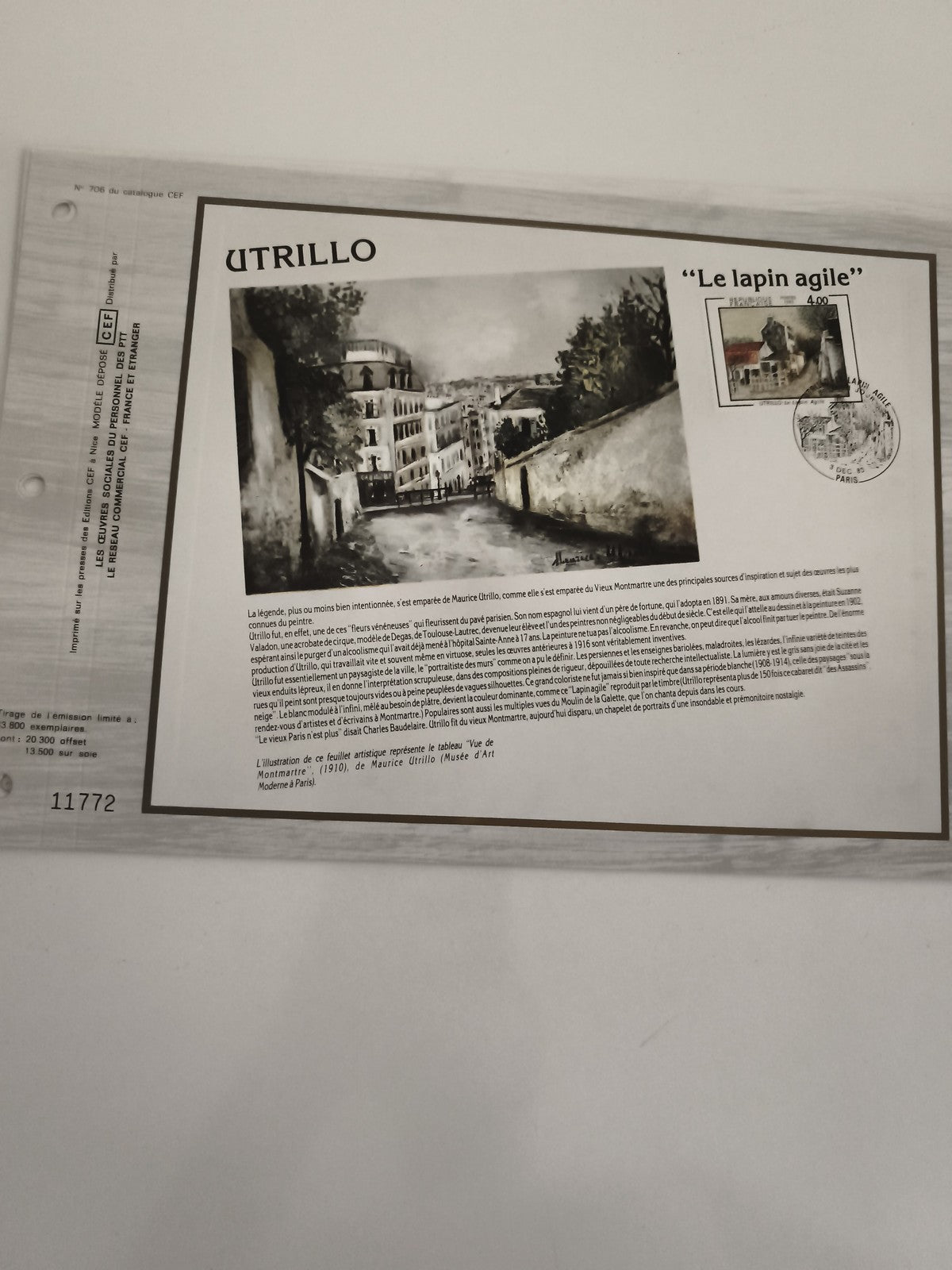 Feuillet philatélique CEF Utrillo Le Lapin Agile Montmartre oblitéré