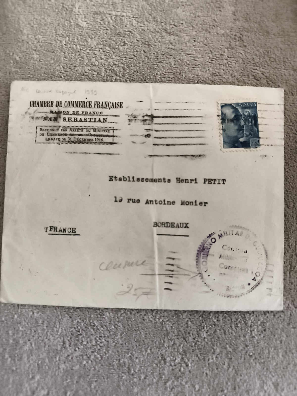 Lettre Chambre de Commerce Française San Sebastian 1935 timbre Espagne Bordeaux