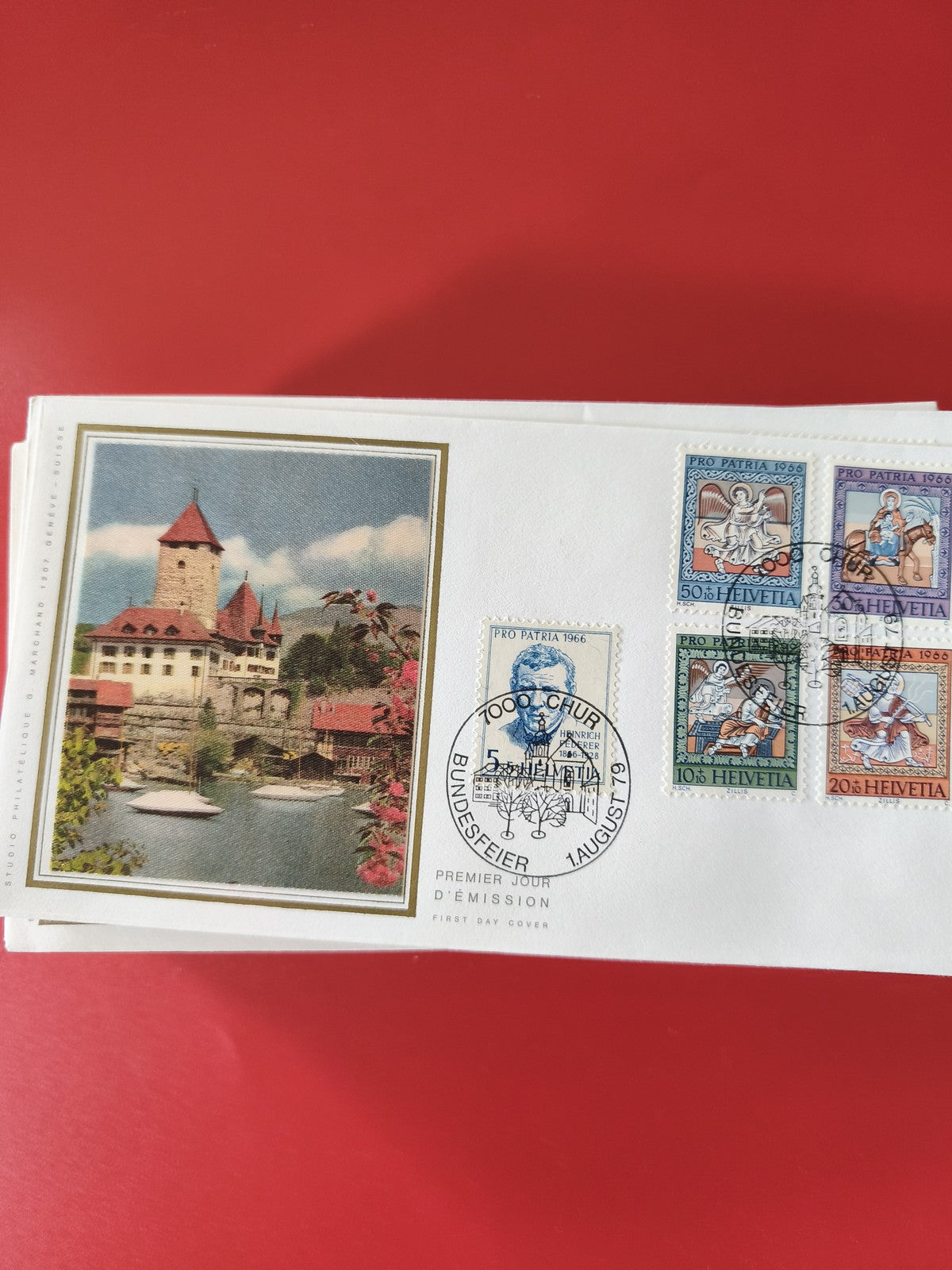 Enveloppe philatélie Suisse timbres Pro Patria illustration château paysage