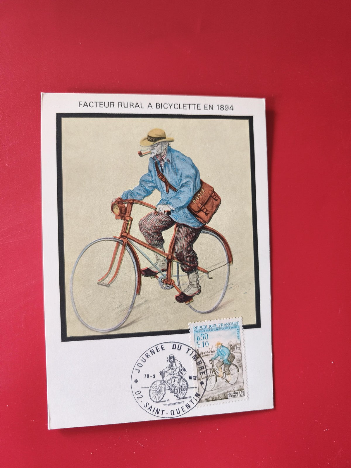 Carte postale philatélie facteur rural à bicyclette illustration timbre