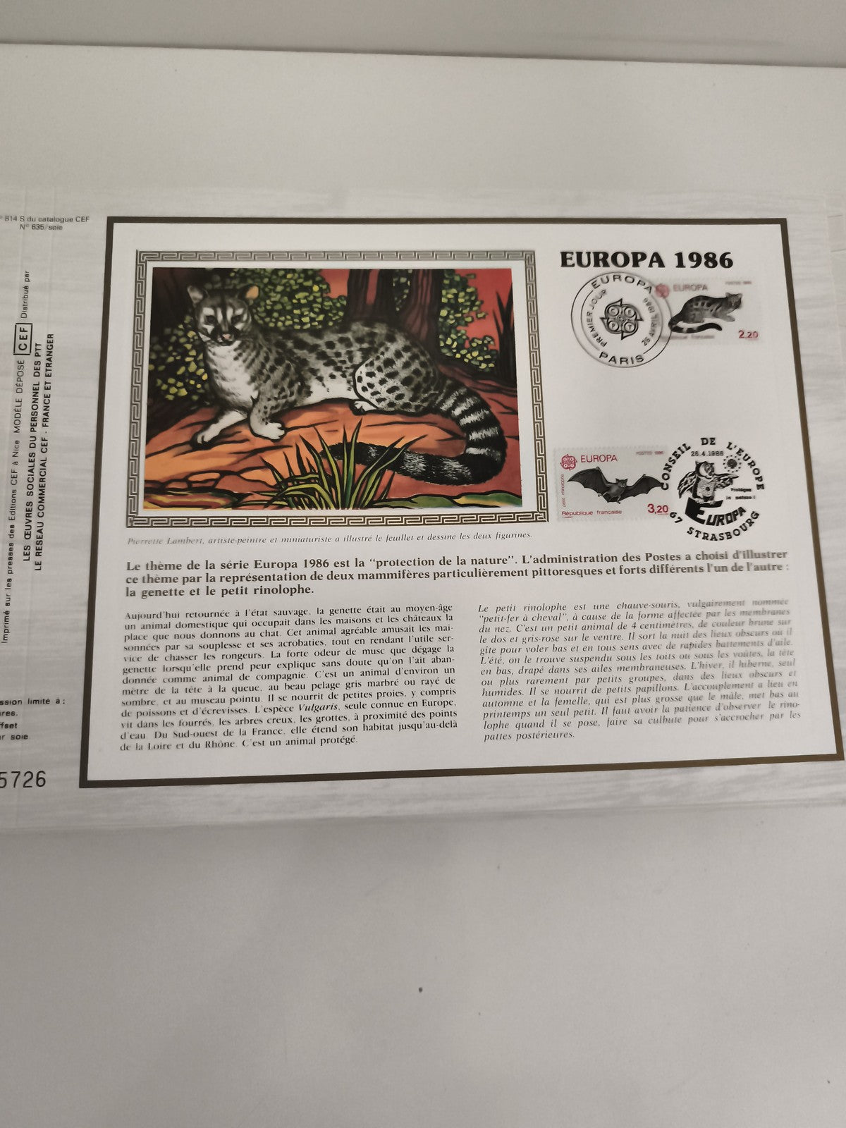 Feuillet philatélique CEF Europa 1986 Genette illustration animaux