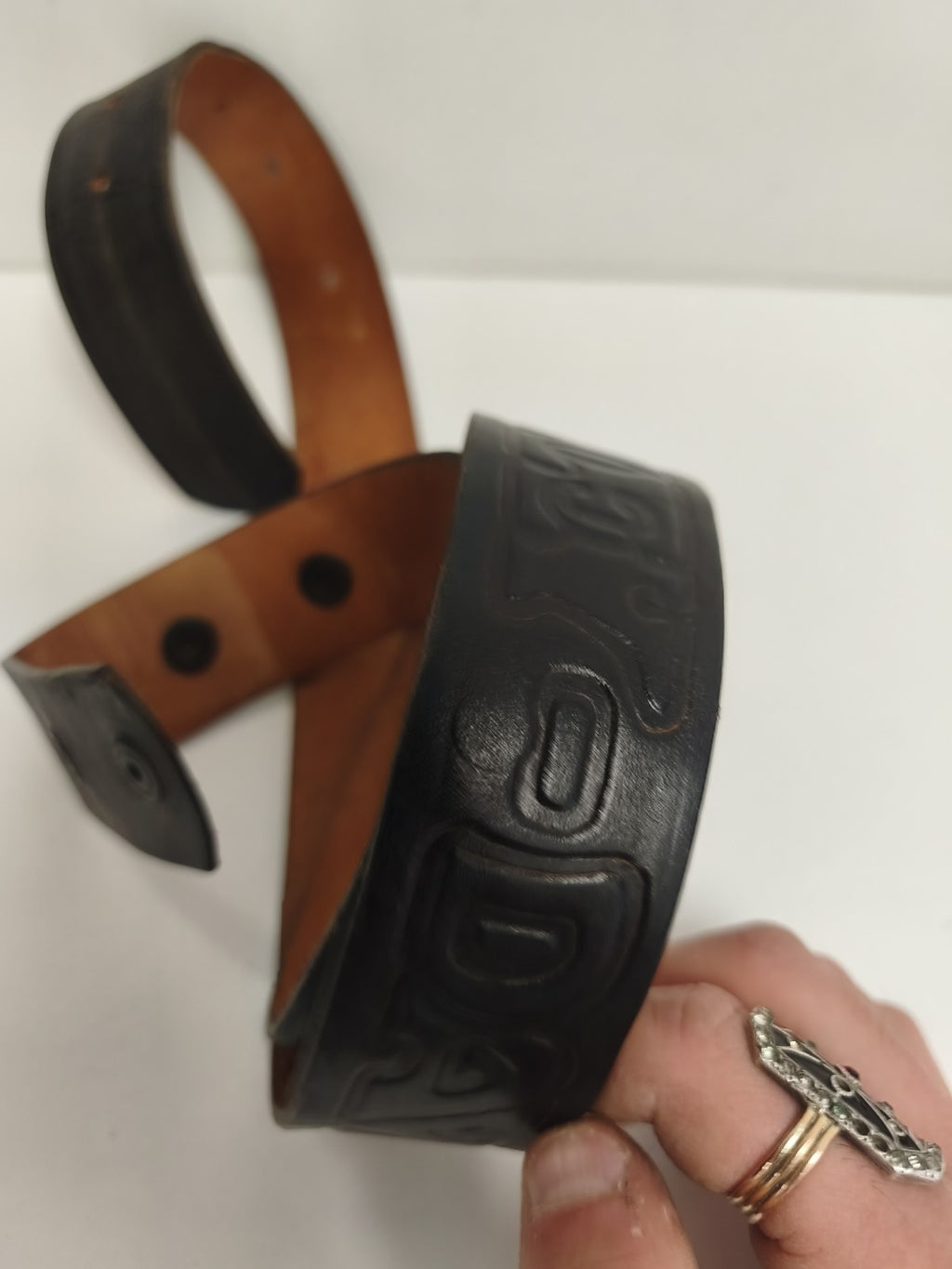 Ceinture vintage Harley Davidson cuir noir gaufré biker ancien
