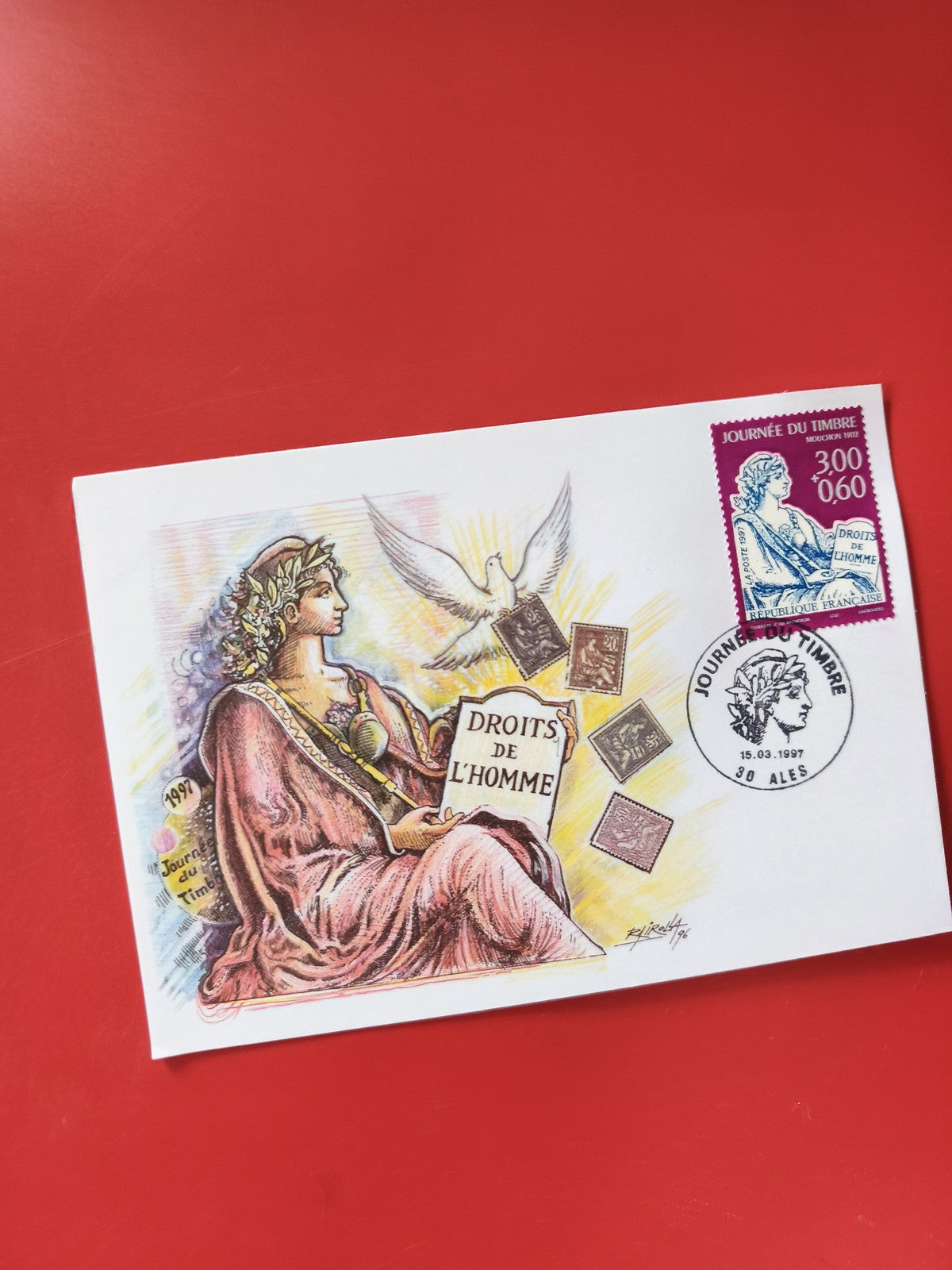 Carte postale philatélie Droits de l?Homme, illustration Marianne, oblitération