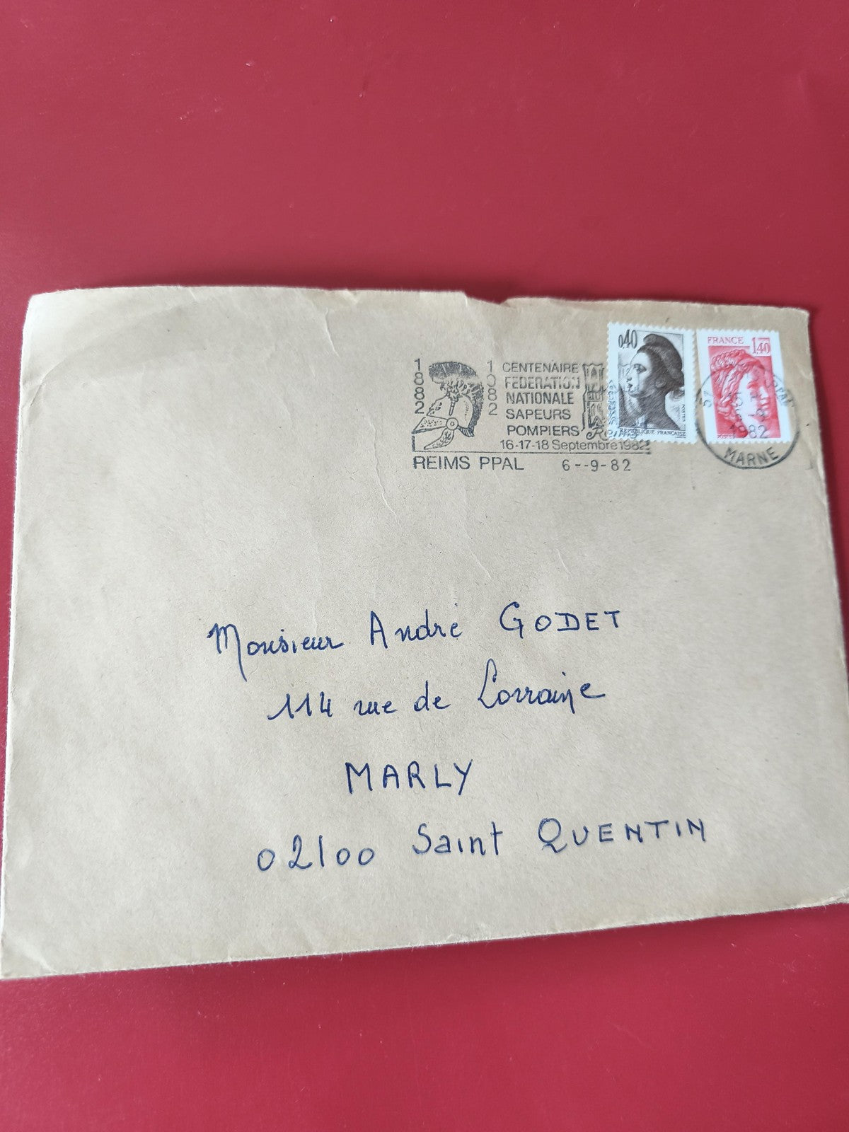 Enveloppe philatélie oblitérée Reims 1982 timbres Marianne et Sapeurs-Pompiers