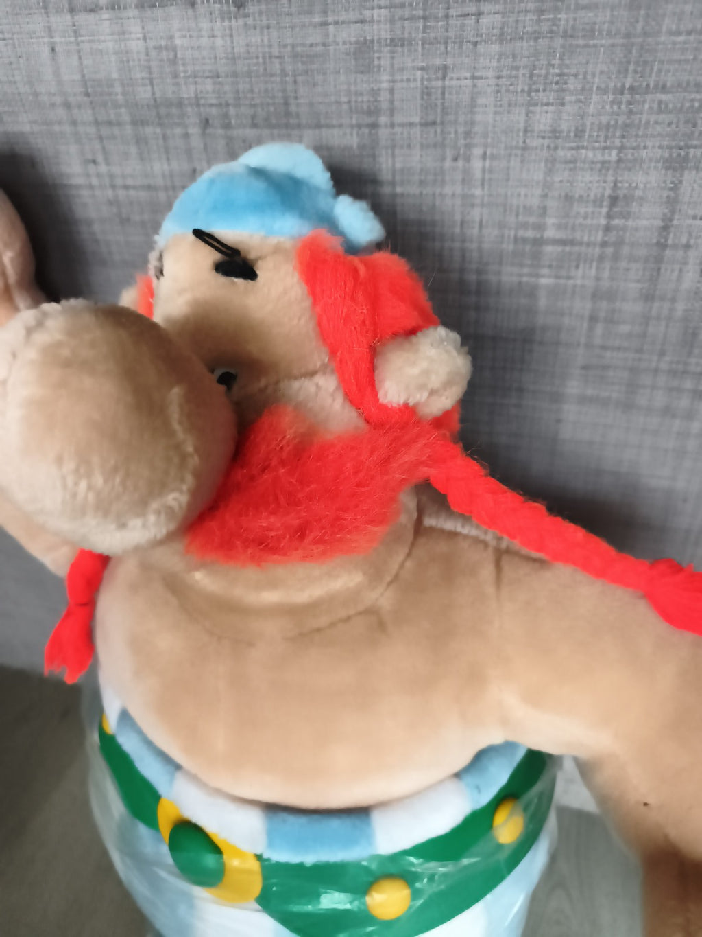 Peluche Obélix vintage Parc Astérix bleu blanc rayé personnage BD