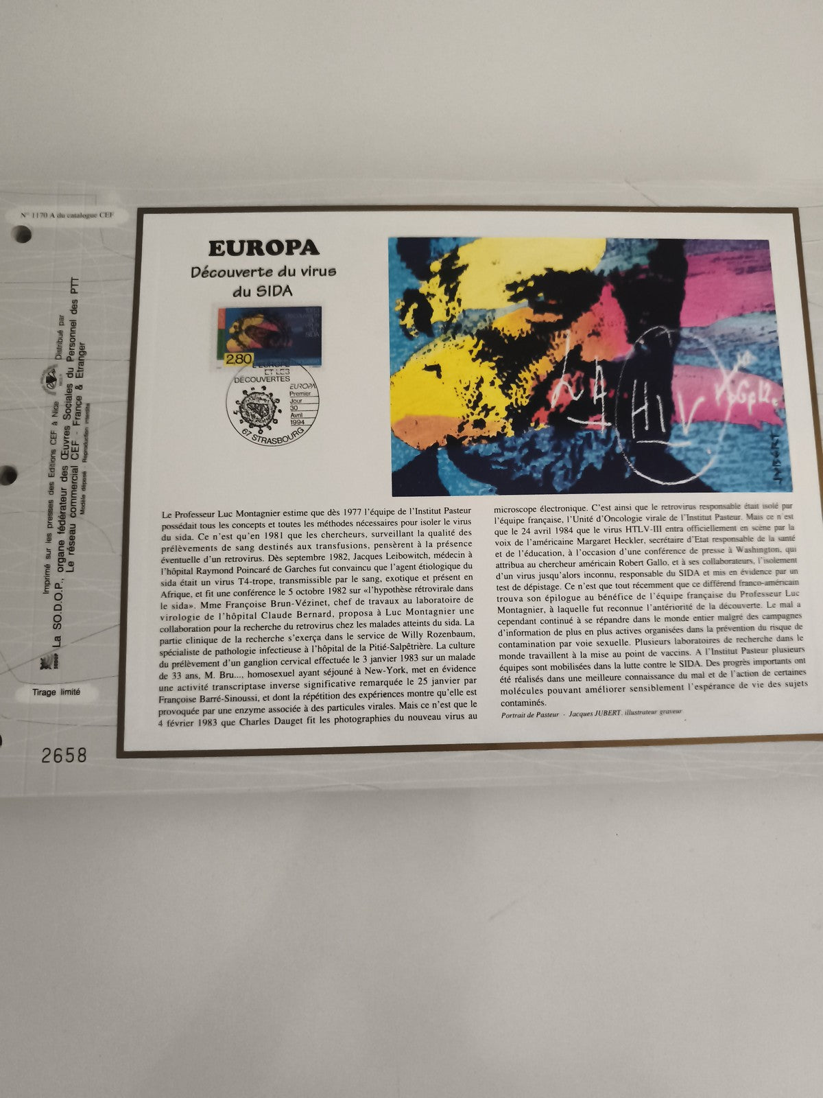 Feuillet CEF Europa Découverte du virus du SIDA timbre 280 Strasbourg philatélie