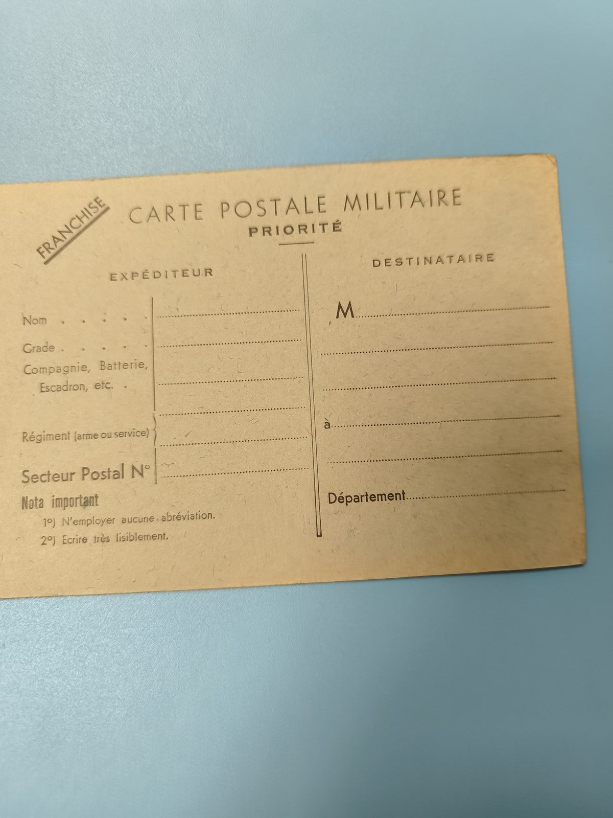 Ancienne carte postale militaire vierge prioritaire collection armée France