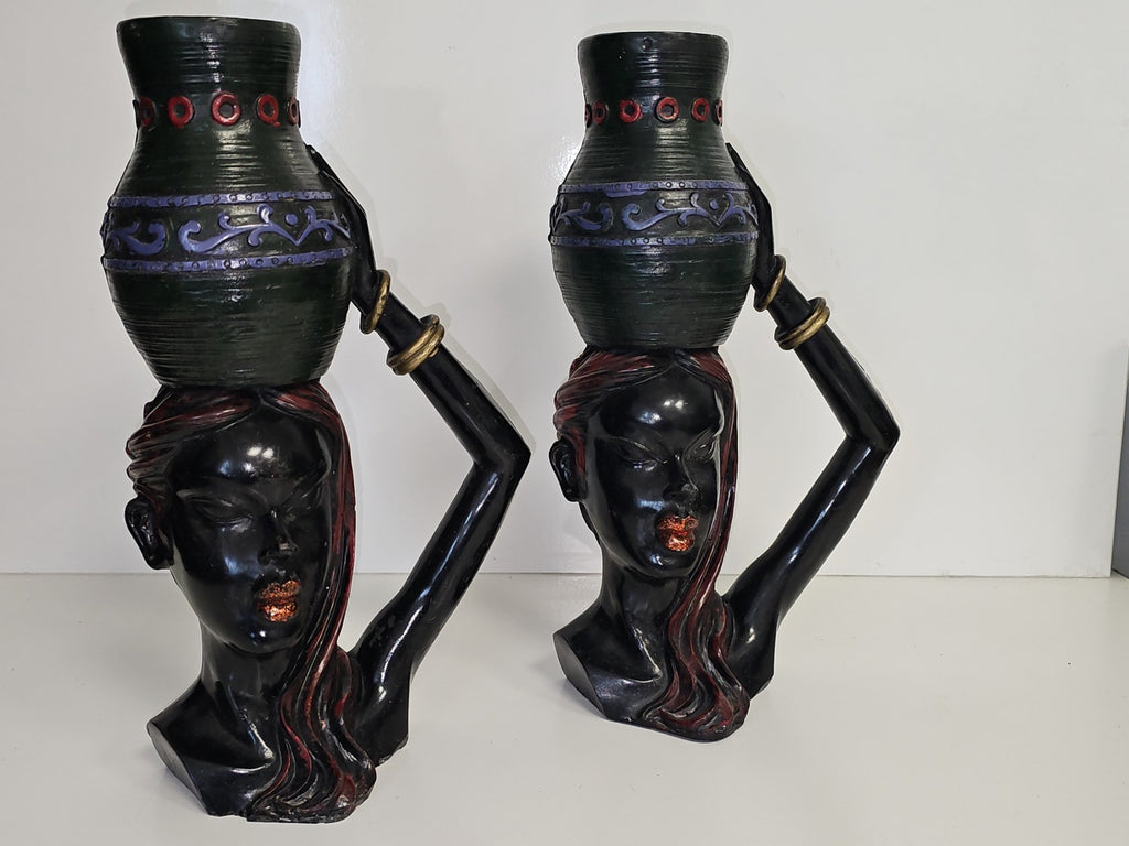 Paire de bougeoirs anciens bois sculpté têtes africaines vintage déco ethnique