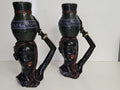 Paire de bougeoirs anciens bois sculpté têtes africaines vintage déco ethnique