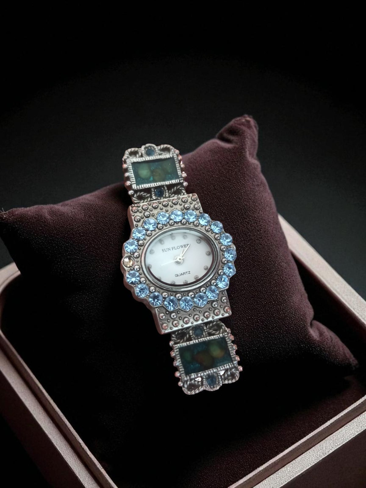 Montre femme vintage Sun Flower quartz décor strass bleu rétro ancien bijou