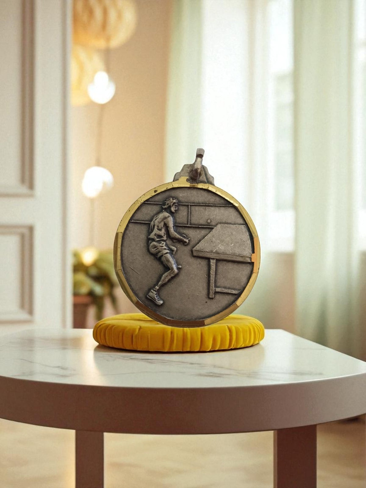 Médaille vintage tennis de table relief joueur, finition métal bicolore