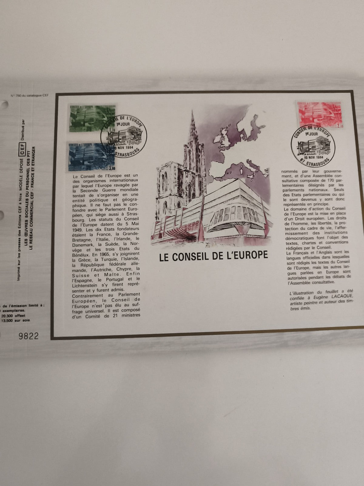 Feuillet philatélique CEF Le Conseil de l’Europe Strasbourg timbres oblitérés