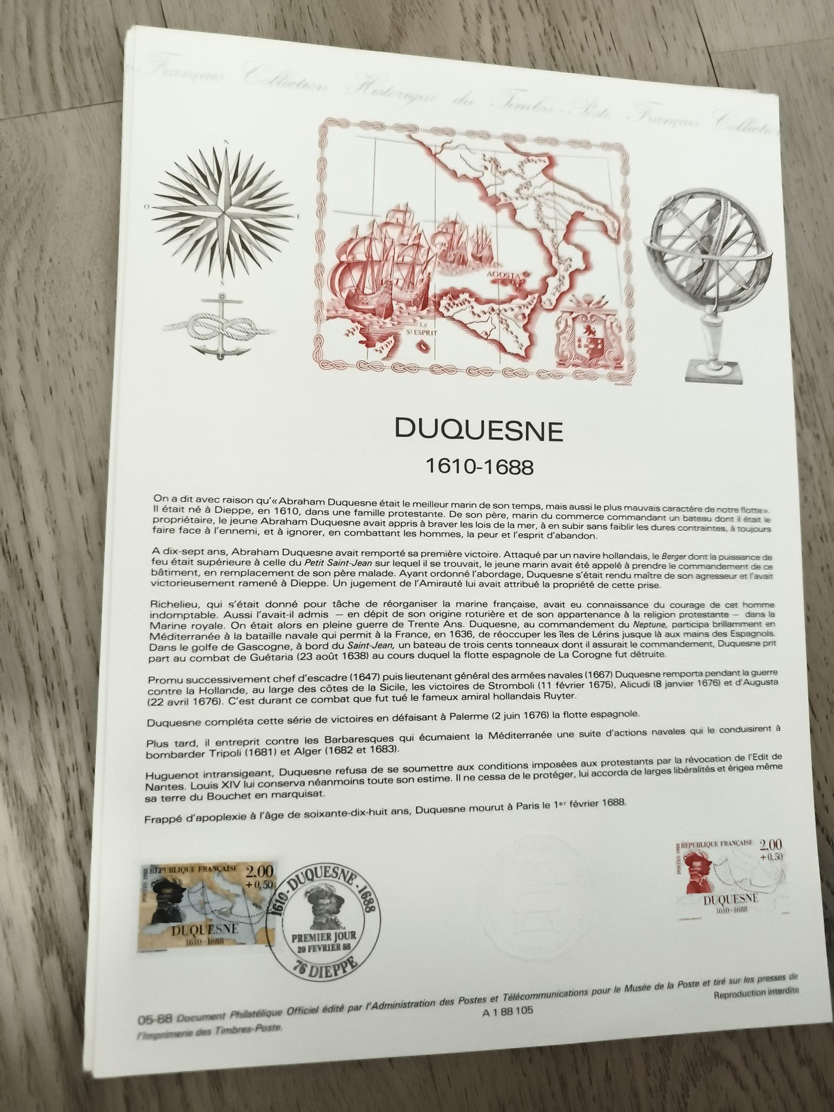 Document philatélique Duquesne 1610-1688 Dieppe timbre 2,00 F oblitéré FDC