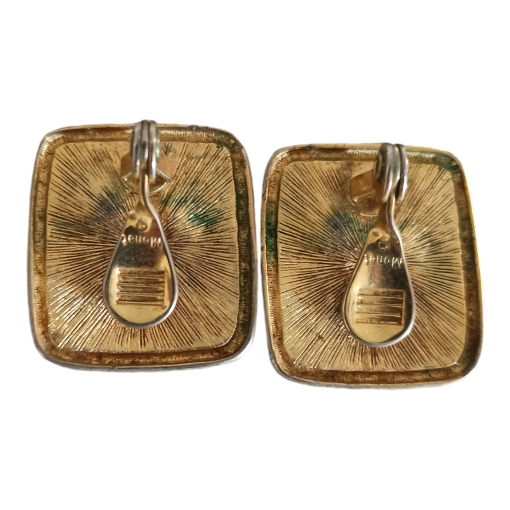 Boucles d’oreilles Monet vintage carré noir doré, clips signées années 80