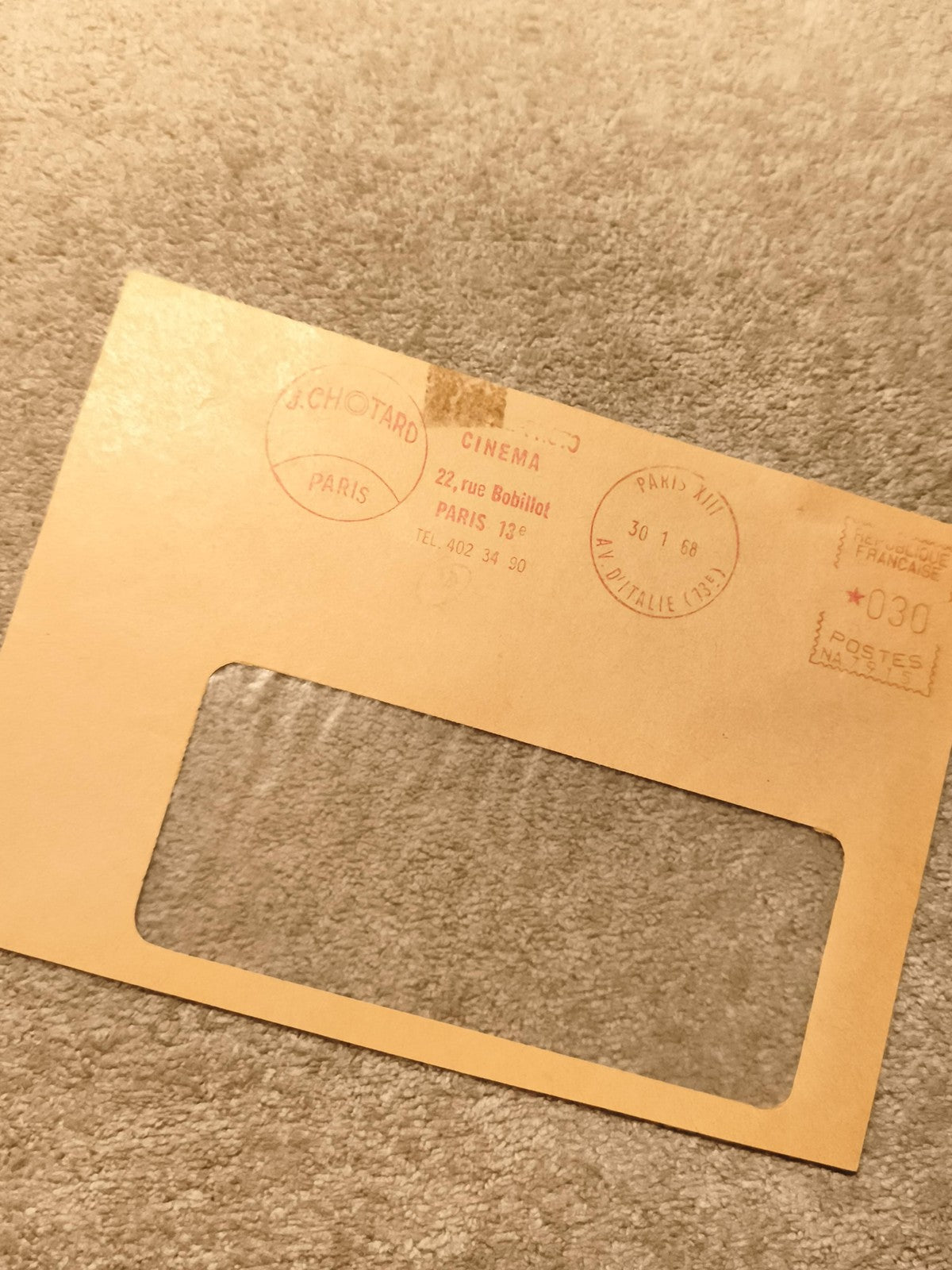 Enveloppe fenêtre oblitérée Paris 1968 J.Chotard cinéma philatélie